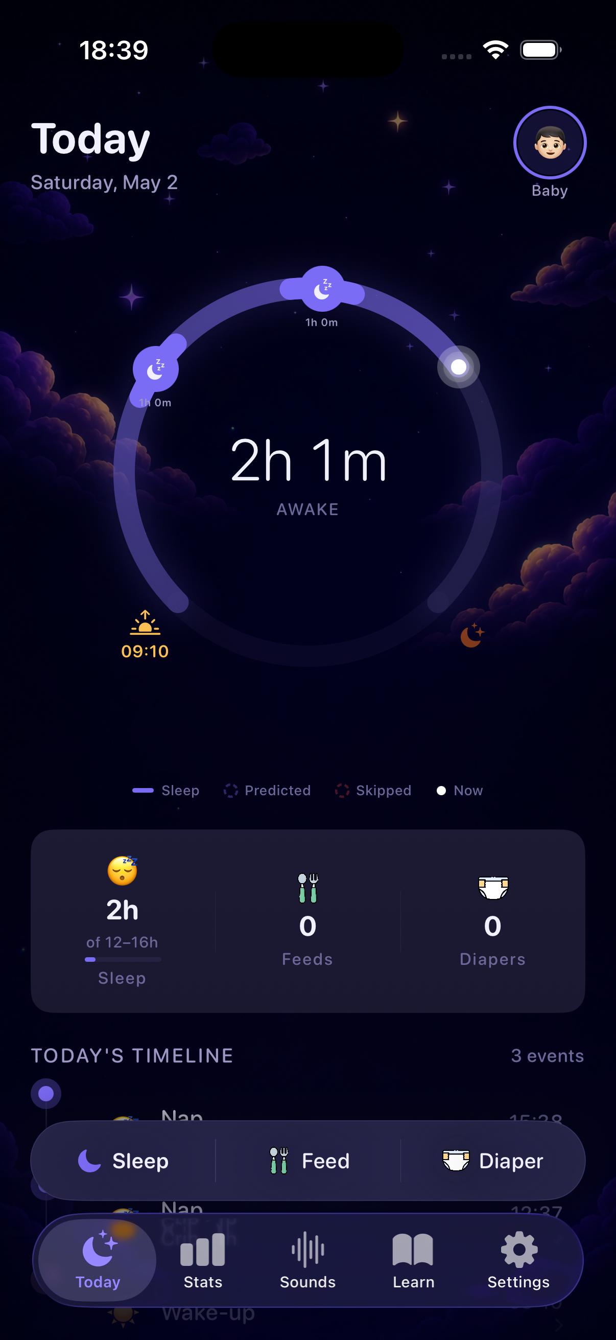 Hushed Sleep app — today screen with wake window ring, sleep stats, and timeline